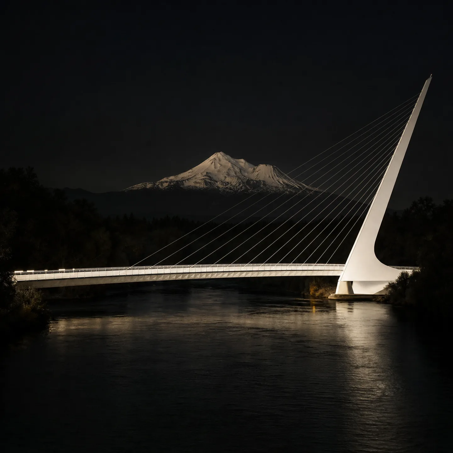 The Sundial Bridge crosses the Sacramento River in Redding with Mount Shasta on the horizon at blue hour.