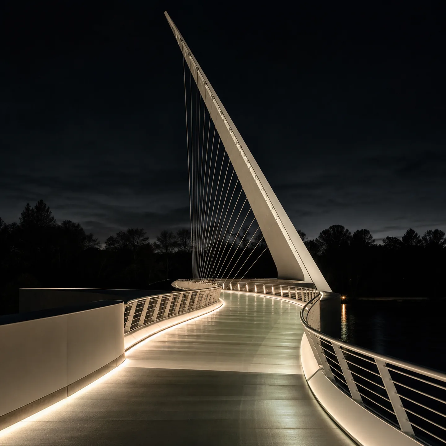 The entrance to Redding's Sundial Bridge rises above its curved glass deck beside the Sacramento River before dawn.