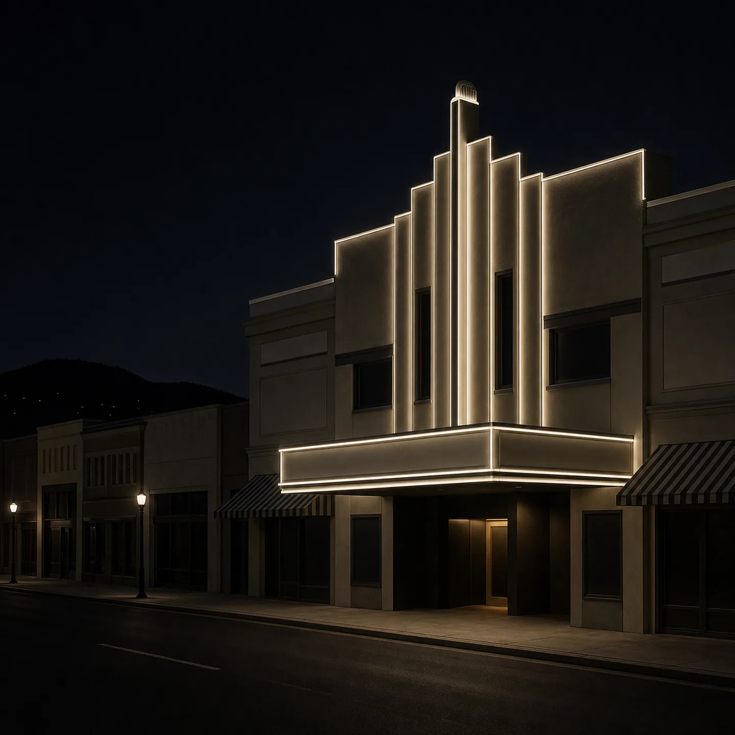 Market Street runs through downtown Redding past the blank 1935 Streamline Moderne facade of the Cascade Theatre at night.