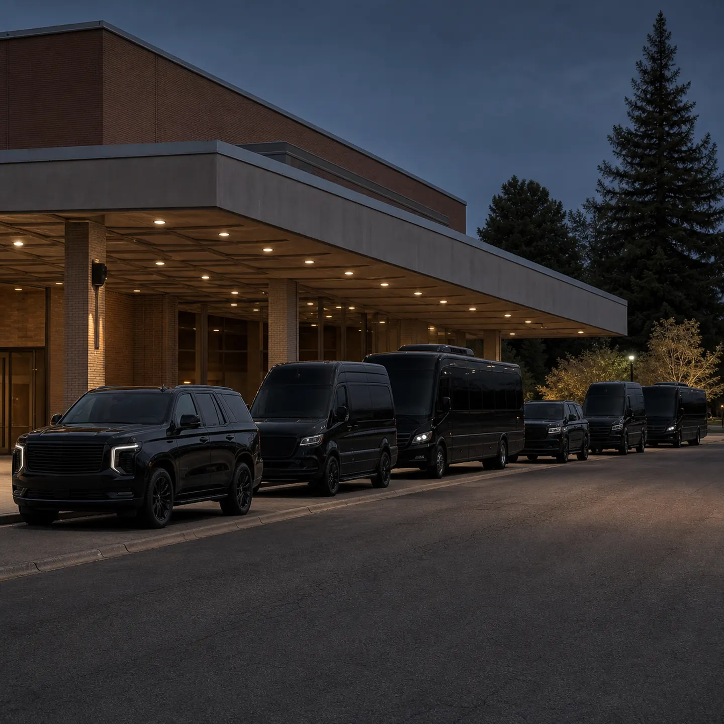Six near-black vehicles line the curb outside Redding Civic Auditorium at blue hour.