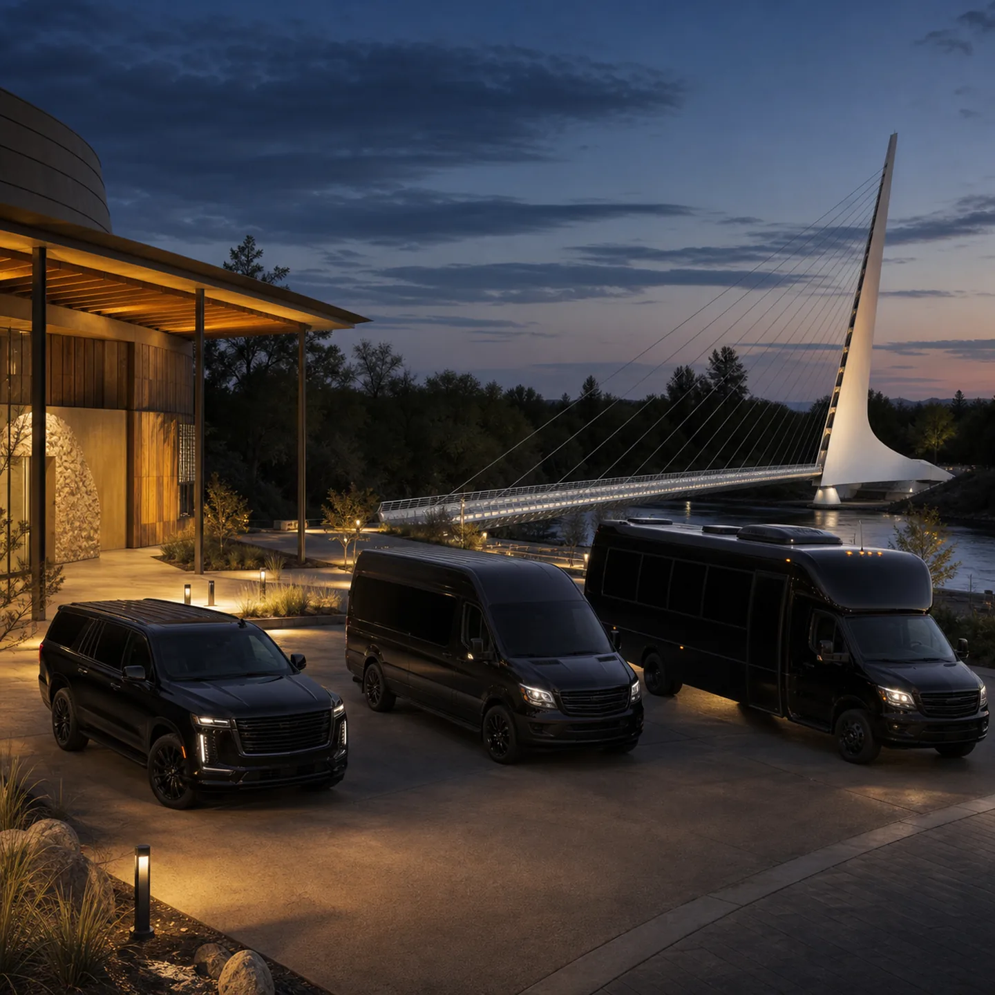 Three near-black vehicles are parked side by side at an angle near the Sundial Bridge in Redding.