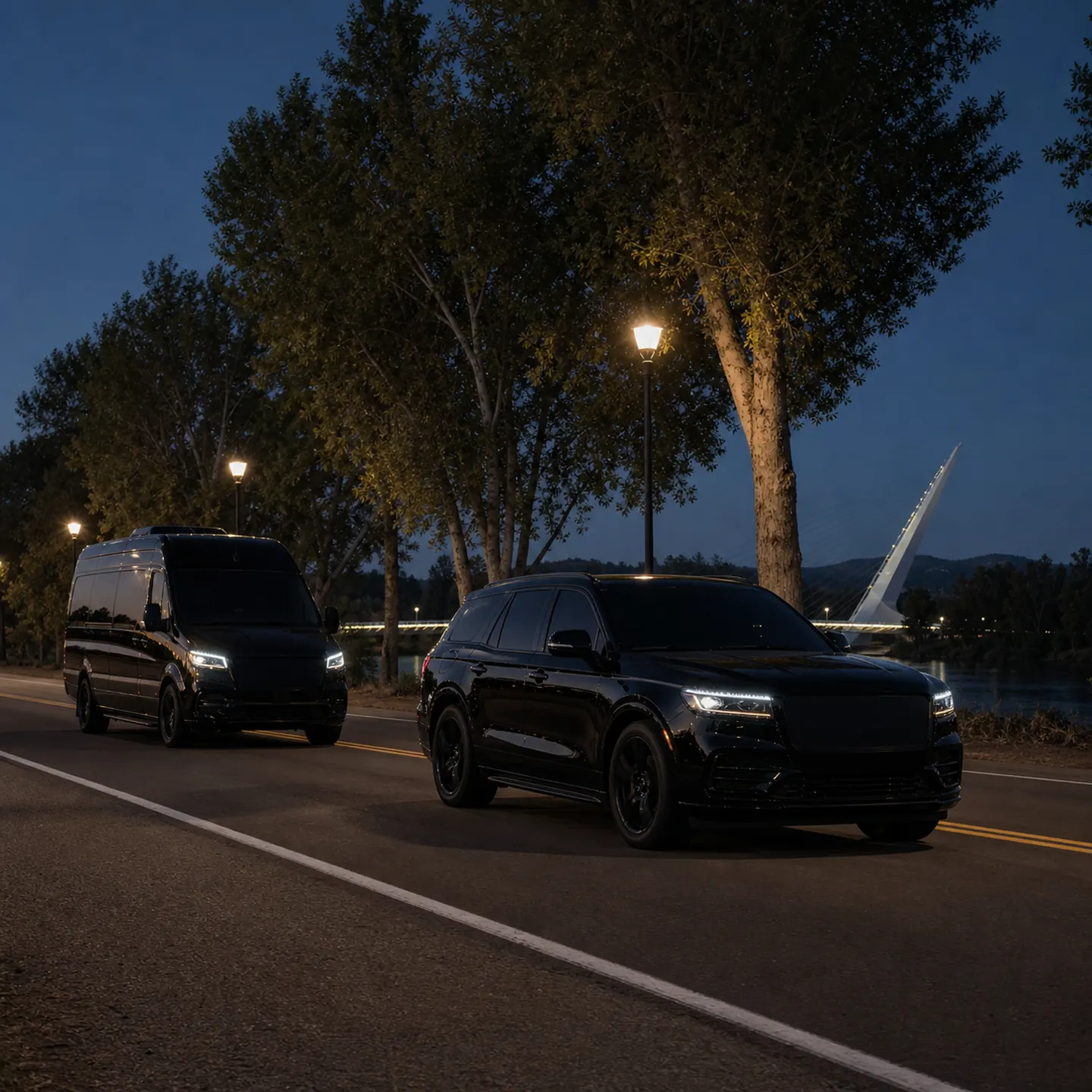 A near-black SUV leads an executive van along a riverfront road in Redding.