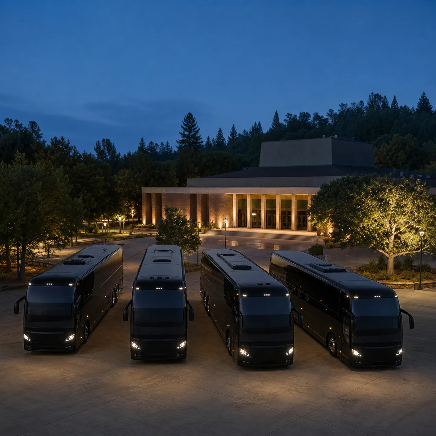 Four near-black three-axle motorcoaches form a wide arc outside Redding Civic Auditorium.