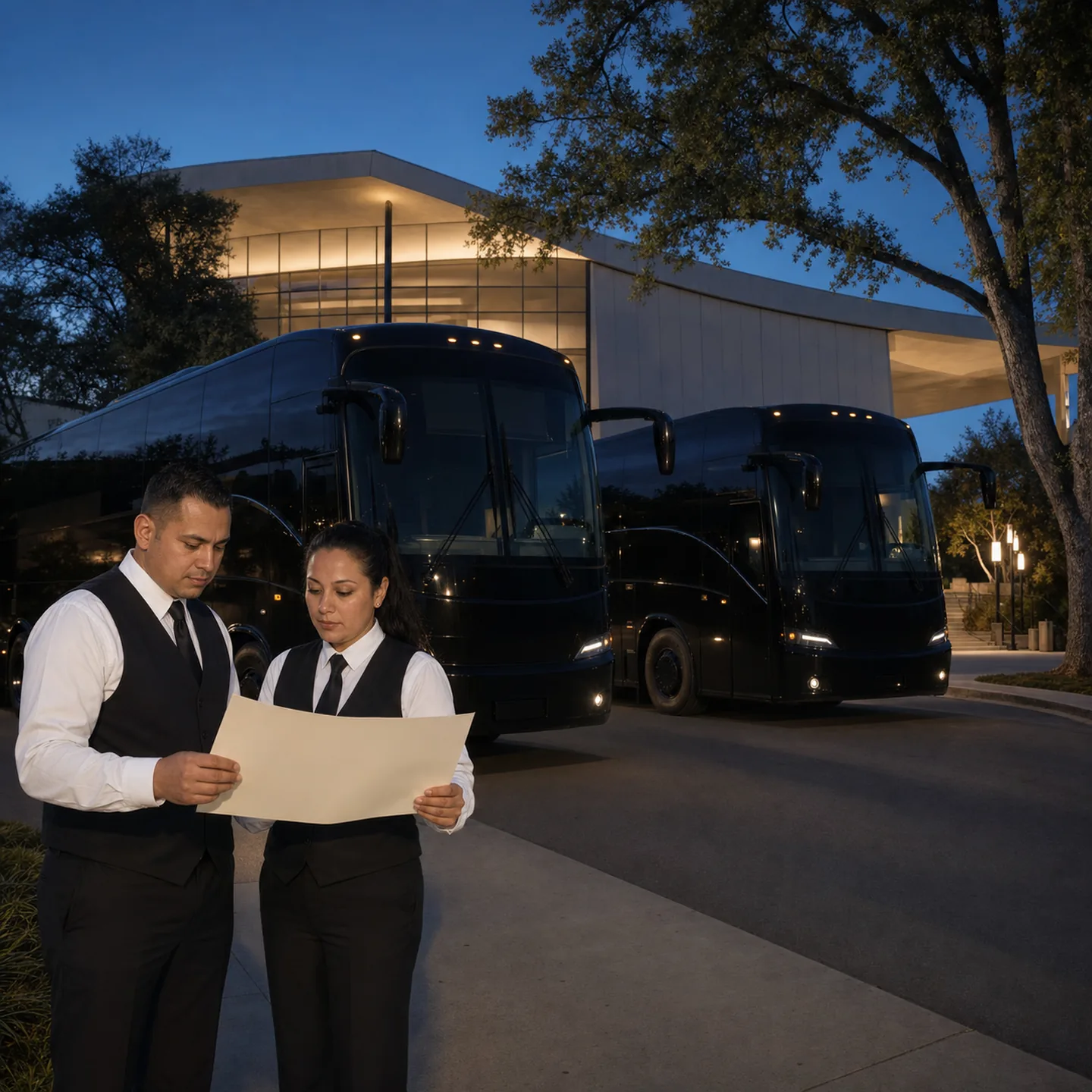 Two transportation staff review a blank route sheet beside coaches outside Redding Civic Auditorium.