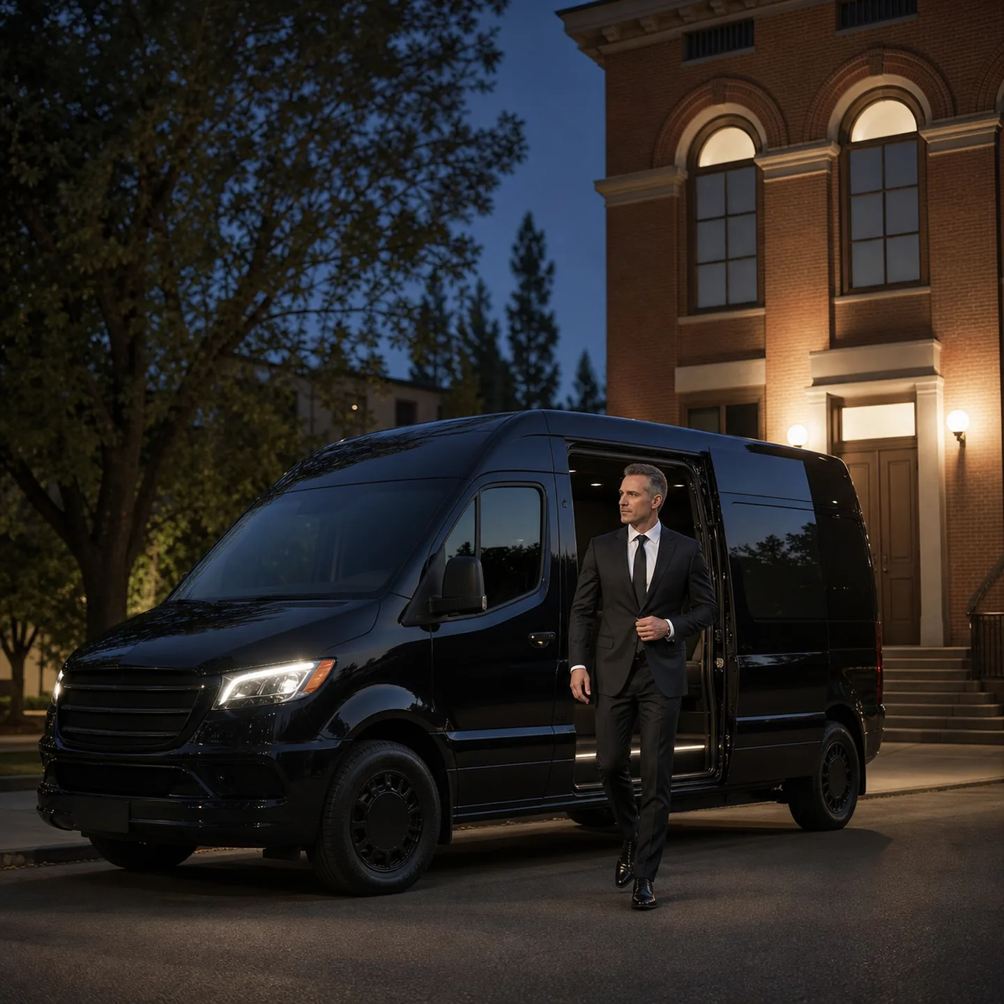 An executive steps from a near-black van beside Redding's historic Old City Hall.