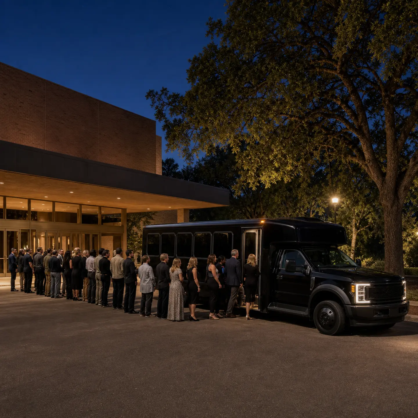 A large group forms an orderly boarding line outside Redding Civic Auditorium.