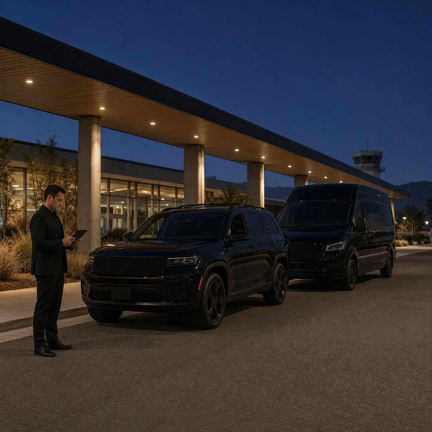 A transportation coordinator checks a blank tablet beside vehicles at Redding Regional Airport.