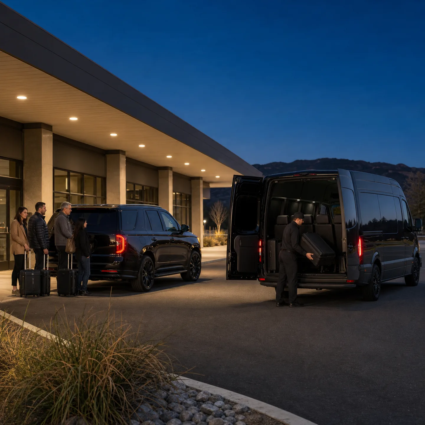 A driver loads blank luggage into a near-black van at Redding Regional Airport.