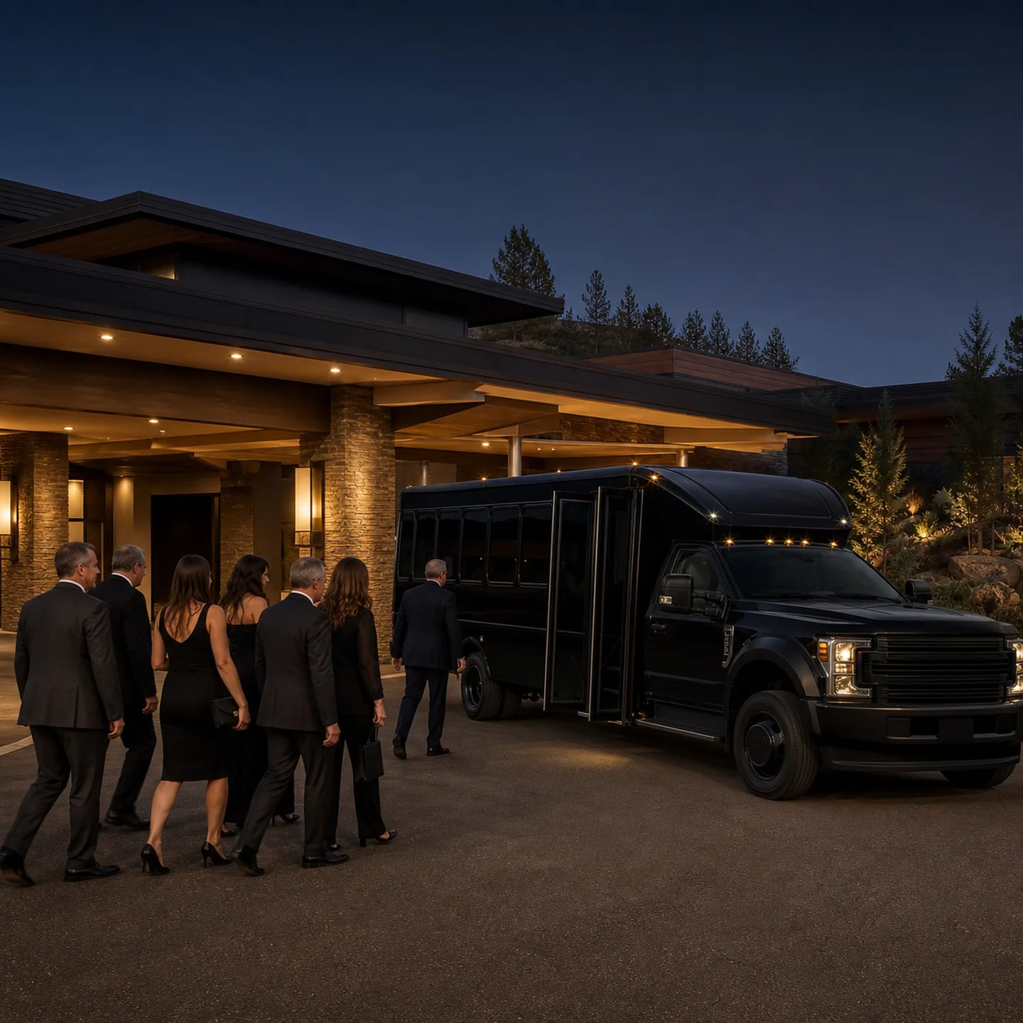 Evening guests approach a near-black mini-coach at Win-River Resort & Casino in Redding.