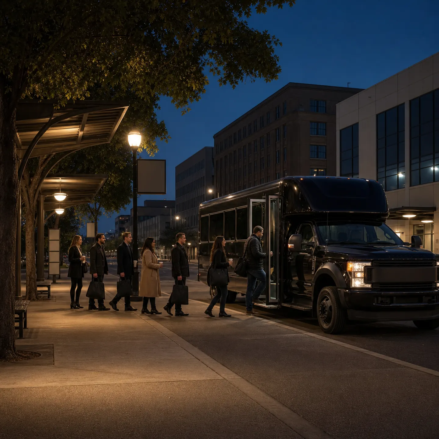 Commuters board a near-black mini-coach at Redding's downtown transit center.