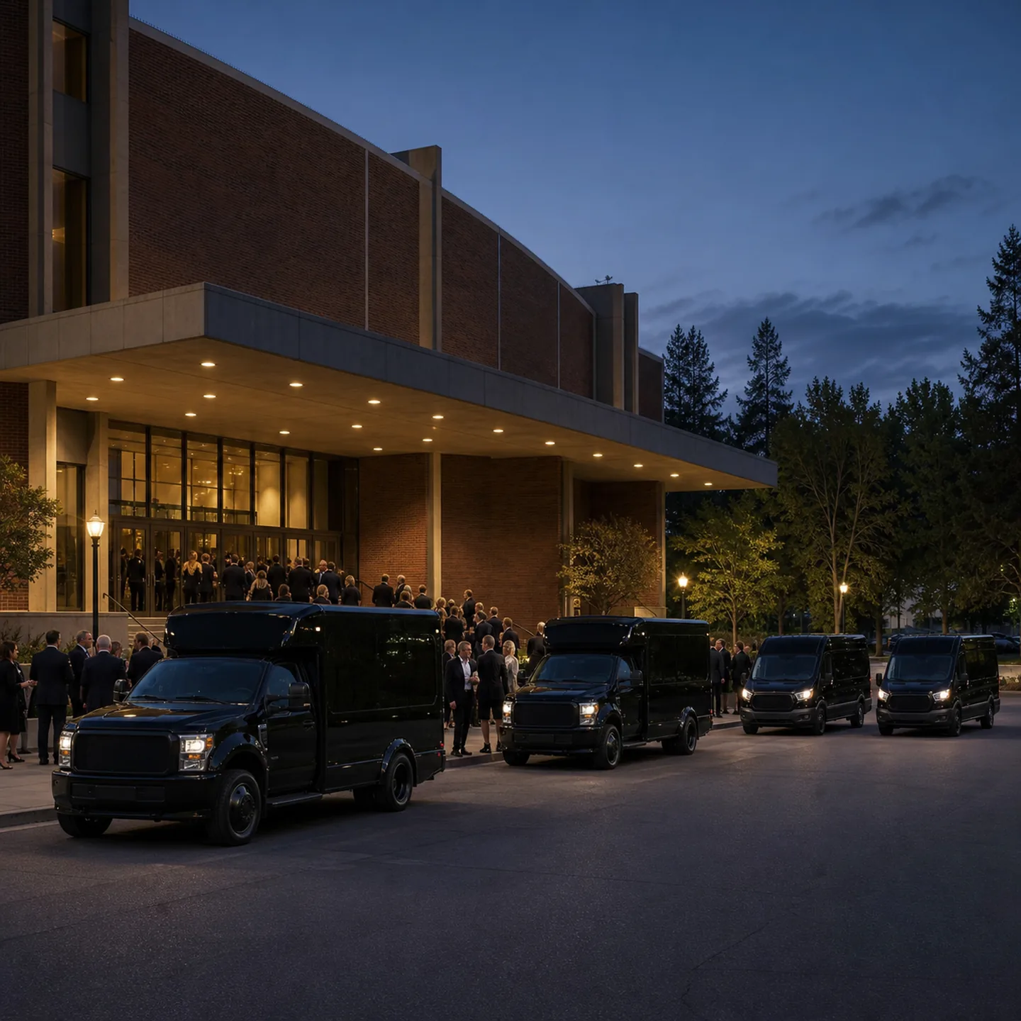 Event guests board near-black shuttles outside Redding Civic Auditorium.