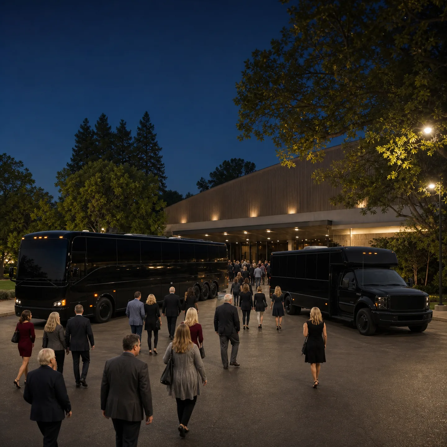 Concert guests walk toward a near-black motorcoach outside Redding Civic Auditorium.