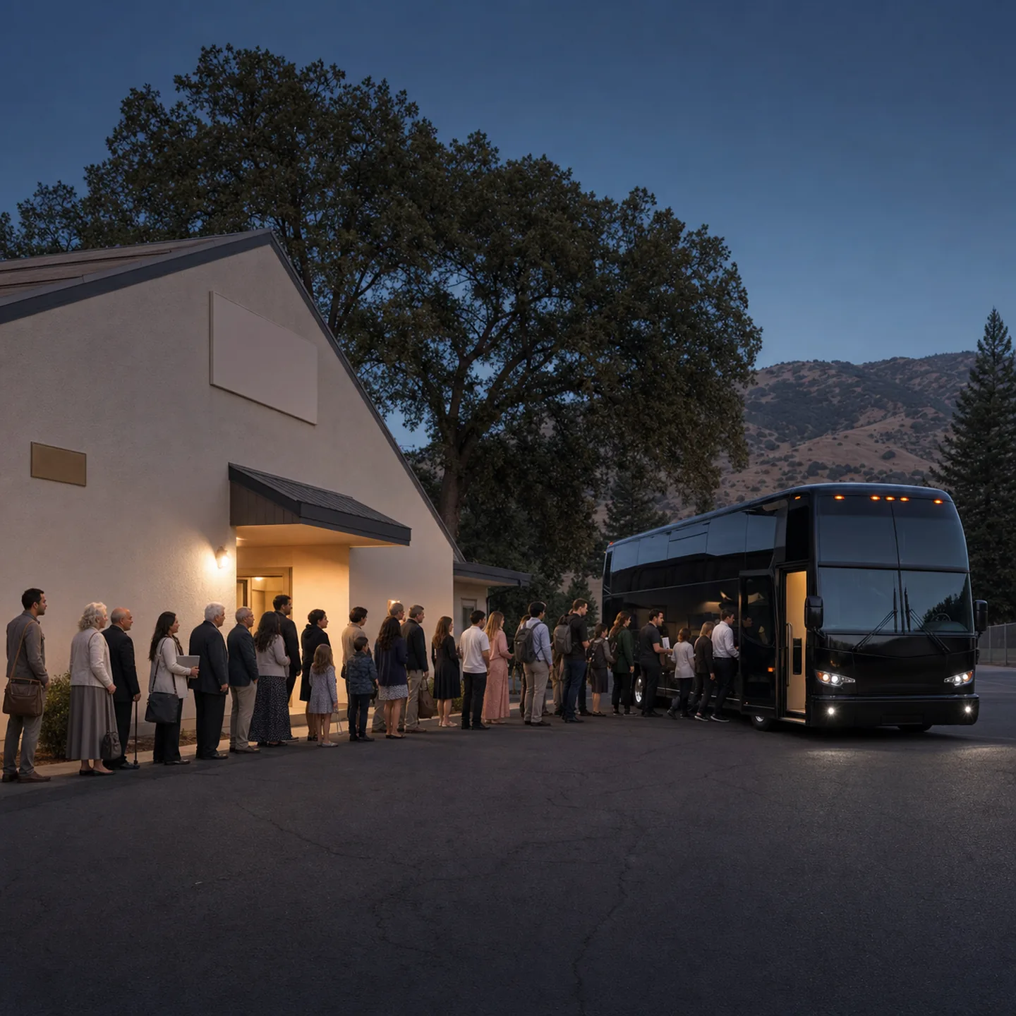 A multigenerational group boards a near-black motorcoach outside a Redding church.