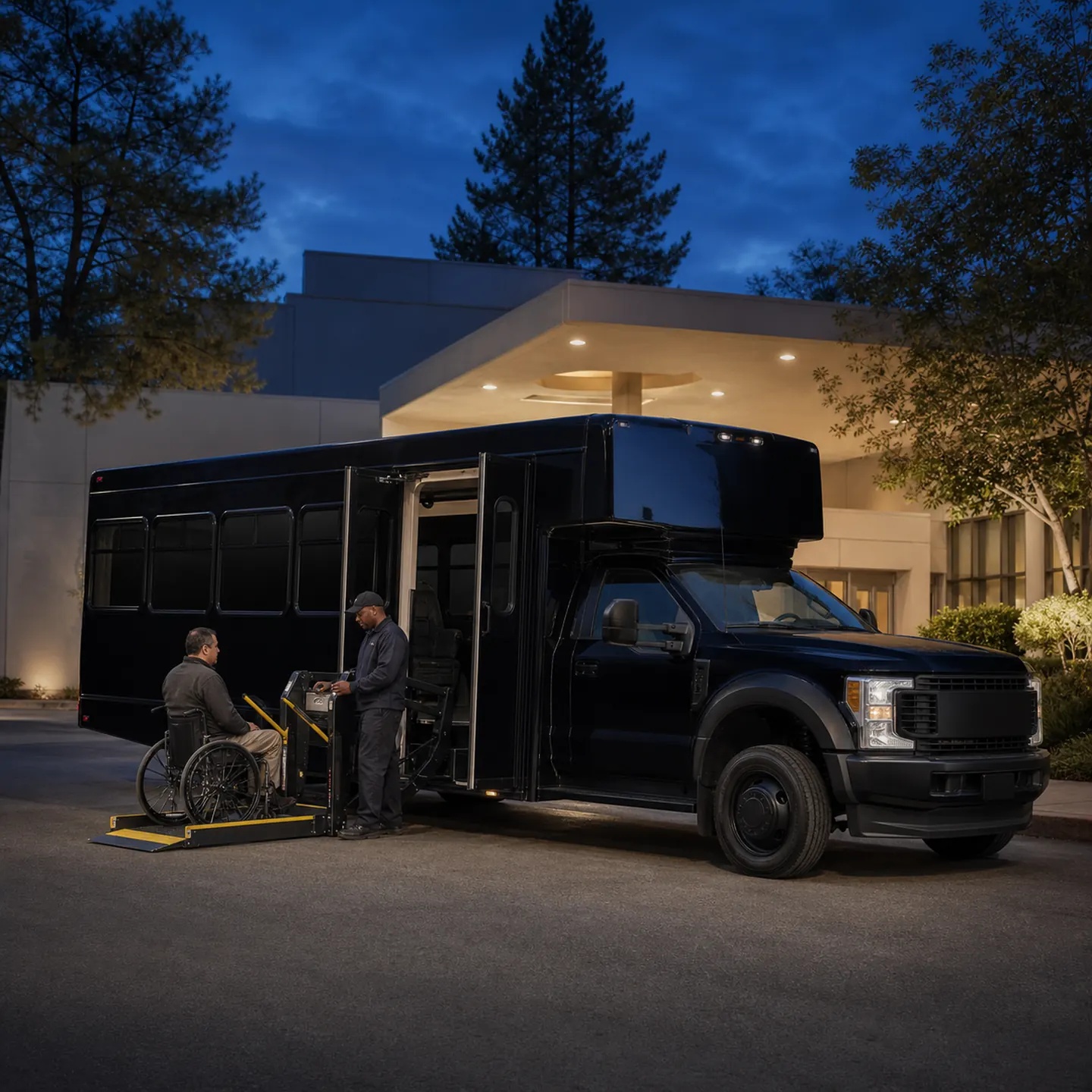 A driver assists a wheelchair passenger at a shuttle outside a Redding medical center.