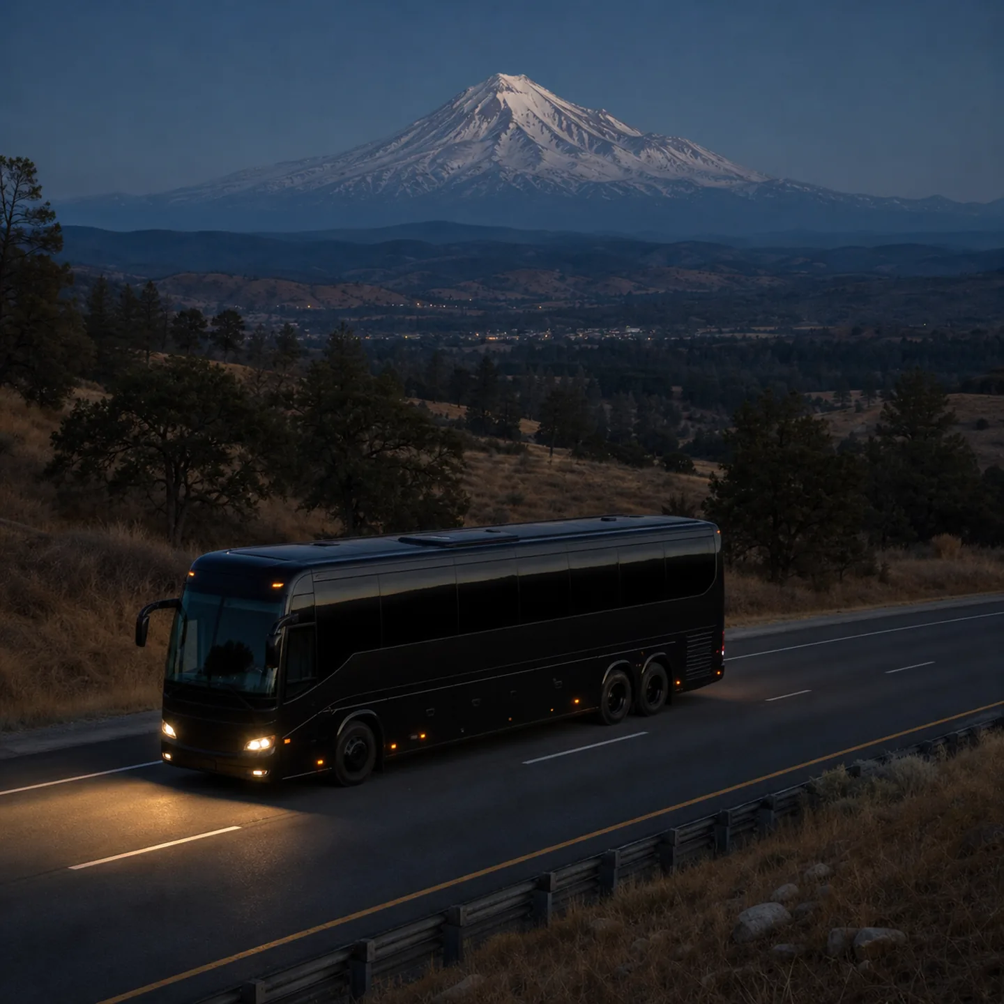 A near-black motorcoach travels north from Redding beneath the snowcapped Mount Shasta horizon.