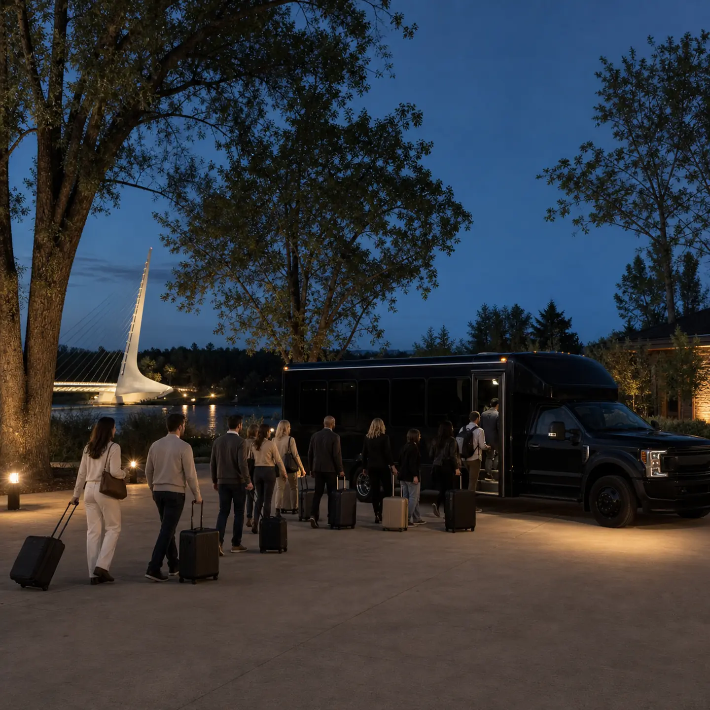 Travelers board a near-black mini-coach near Turtle Bay Exploration Park in Redding.