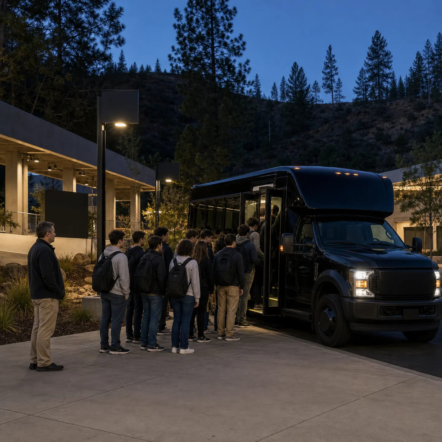 Students board a near-black mini-coach on the landscaped Shasta College campus.