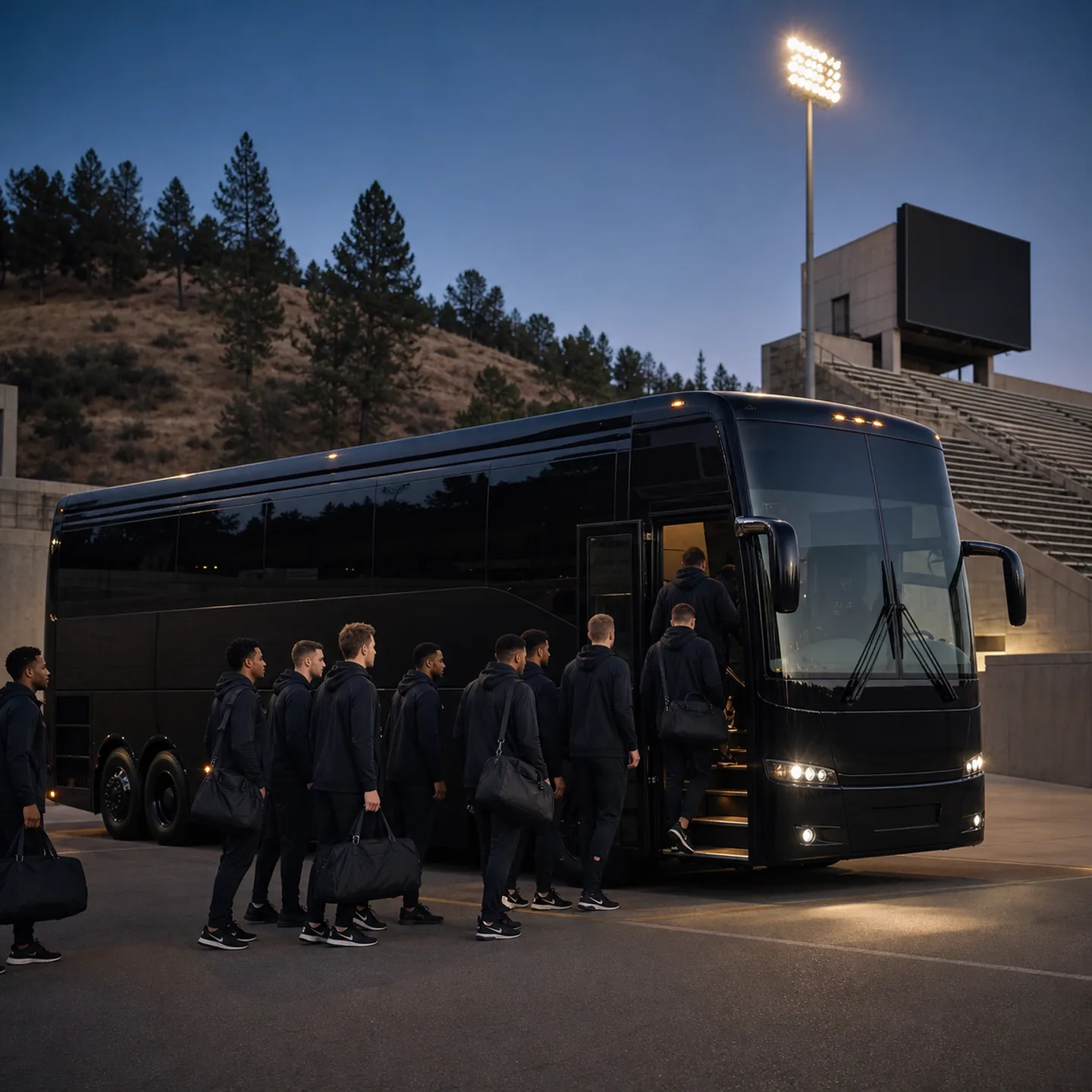 Athletes with plain duffel bags board a near-black motorcoach at a Redding sports complex.
