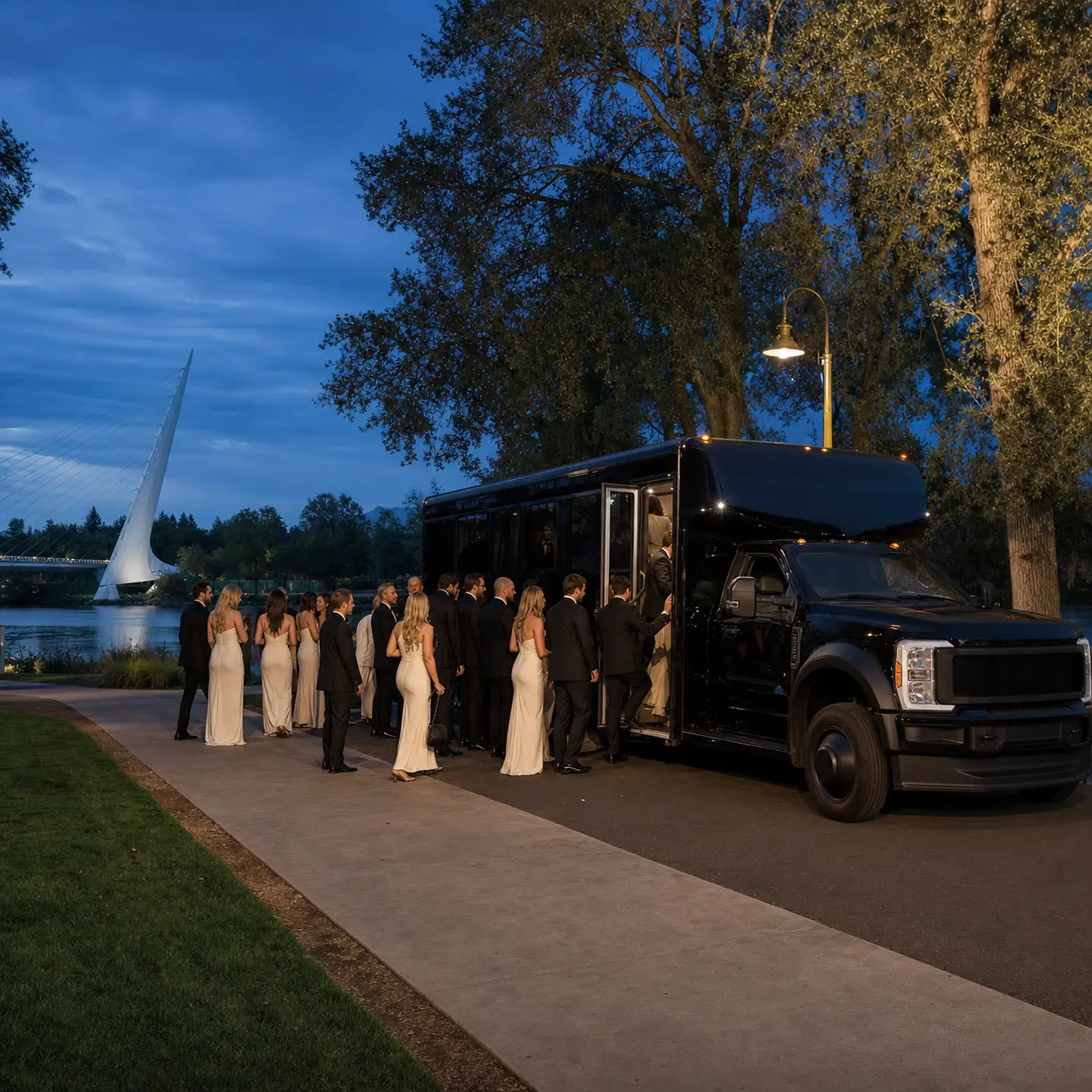 A wedding party boards a near-black mini-coach in Redding's riverfront parkland.
