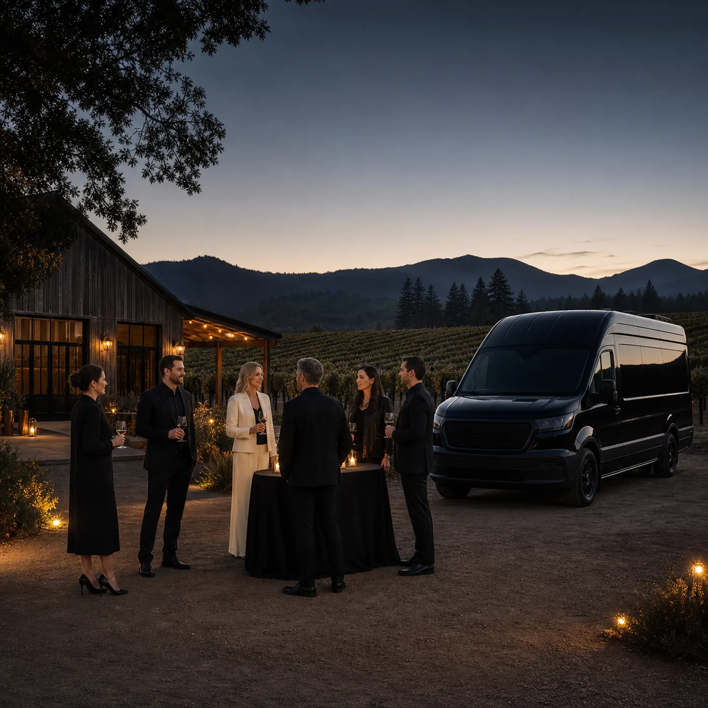 Guests gather beside a near-black van among the vineyard rows of Inwood Valley east of Redding.